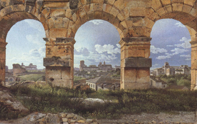 View through Three Northwest Arcades of the Colosseum in Rome Storm Gathering over the City (mk22)